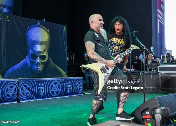 Scott Ian and Joey Belladonna of Anthrax perform at Michigan Lottery Amphitheatre on May 27, 2018 in Sterling Heights, Michigan.
