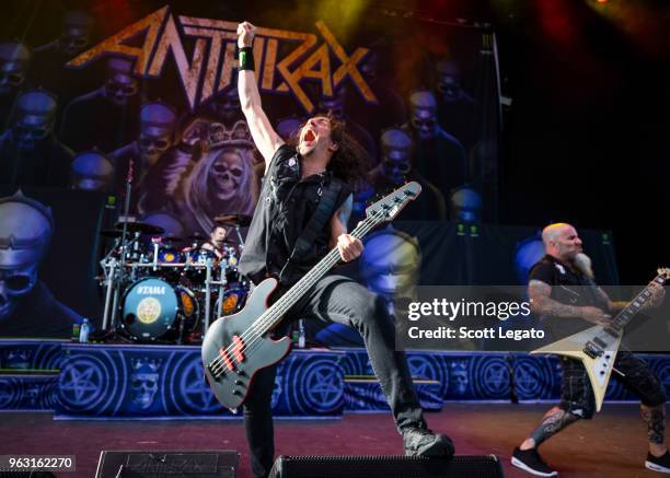 Frank Bello and Scott Ian of Anthrax performs at Michigan Lottery Amphitheatre on May 27, 2018 in Sterling Heights, Michigan.