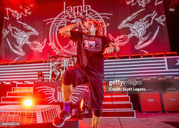 Randy Blythe of Lamb of God performs at Michigan Lottery Amphitheatre on May 27, 2018 in Sterling Heights, Michigan.