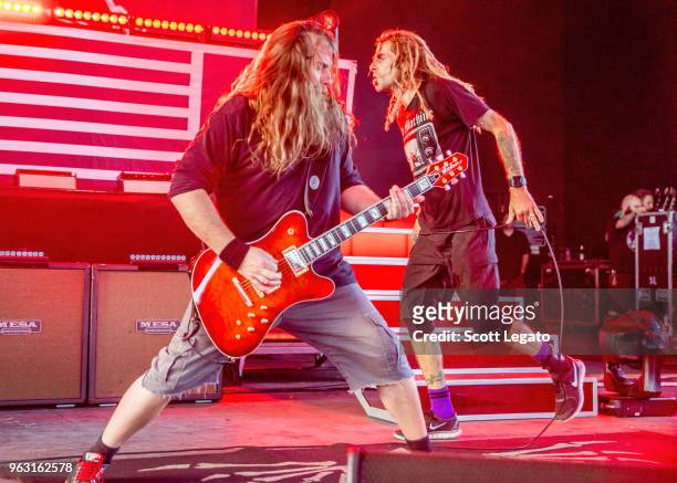 Mark Morton and Randy Blythe of Lamb of God performs at Michigan Lottery Amphitheatre on May 27, 2018 in Sterling Heights, Michigan.