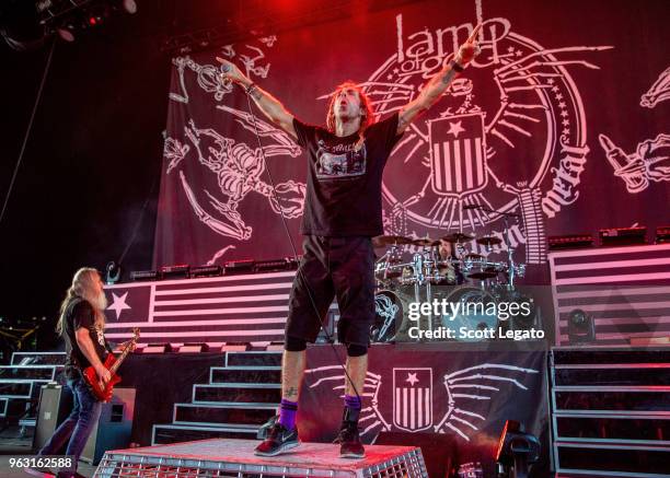 John Campbell, Randy Blythe and Chris Adler of Lamb of God perform at Michigan Lottery Amphitheatre on May 27, 2018 in Sterling Heights, Michigan.