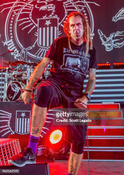 Randy Blythe of Lamb of God performs at Michigan Lottery Amphitheatre on May 27, 2018 in Sterling Heights, Michigan.