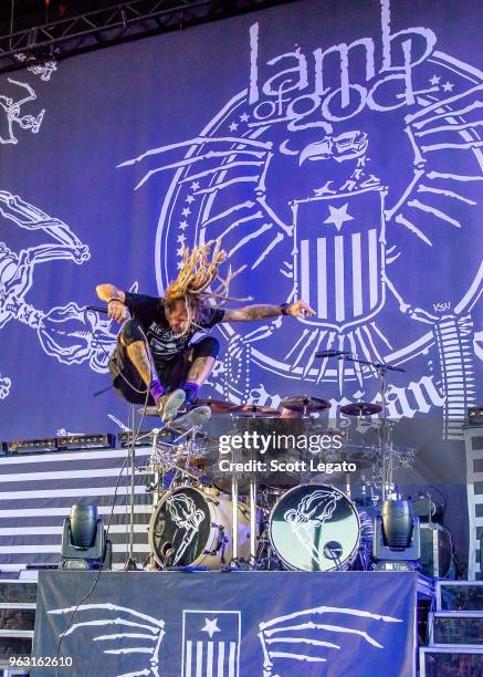 Randy Blythe and Chris Adler of Lamb of God performs at Michigan Lottery Amphitheatre on May 27, 2018 in Sterling Heights, Michigan.