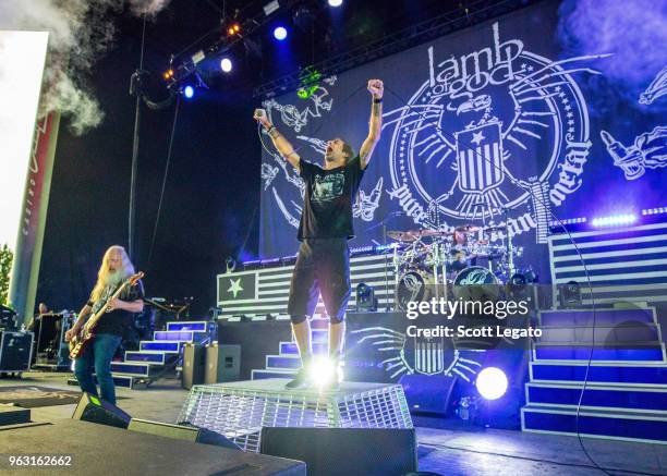 John Campbell, Randy Blythe and Chris Adler of Lamb of God perform at Michigan Lottery Amphitheatre on May 27, 2018 in Sterling Heights, Michigan.