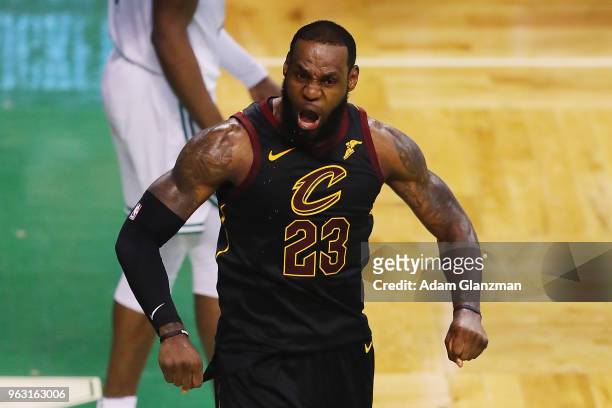LeBron James of the Cleveland Cavaliers reacts in the second half against the Boston Celtics during Game Seven of the 2018 NBA Eastern Conference...