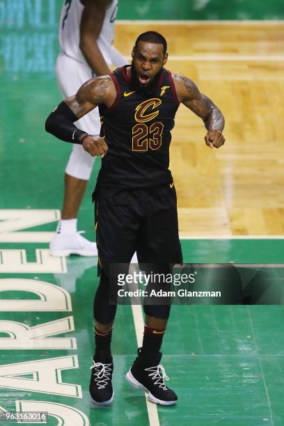 LeBron James of the Cleveland Cavaliers reacts in the second half against the Boston Celtics during Game Seven of the 2018 NBA Eastern Conference...