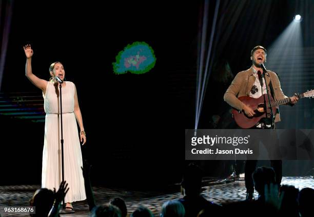 Artists Francesca Battistelli and Cory Asbury perform onstage during the 6th Annual KLOVE Fan Awards at The Grand Ole Opry on May 27, 2018 in...