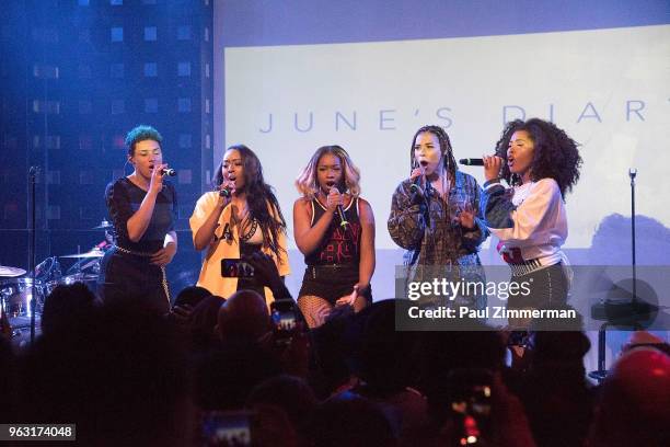 Ashly Williams, Brienna DeVlugt, Gabby Carreiro, Kristal Lyndriette and Shyann Roberts of band June's Diary perform onstage at SOB's on May 27, 2018...