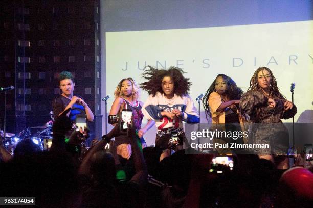 Ashly Williams, Brienna DeVlugt, Gabby Carreiro, Kristal Lyndriette and Shyann Roberts of band June's Diary perform onstage at SOB's on May 27, 2018...
