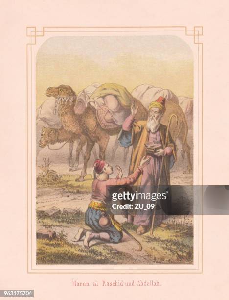 illustrations, cliparts, dessins animés et icônes de haroun al-raschid et abdallah, de mille et une nuits, lithographie, 1867 - calife