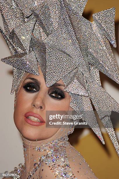 Lady Gaga poses in the press room at the 52nd Annual GRAMMY Awards held at Staples Center on January 31, 2010 in Los Angeles, California.