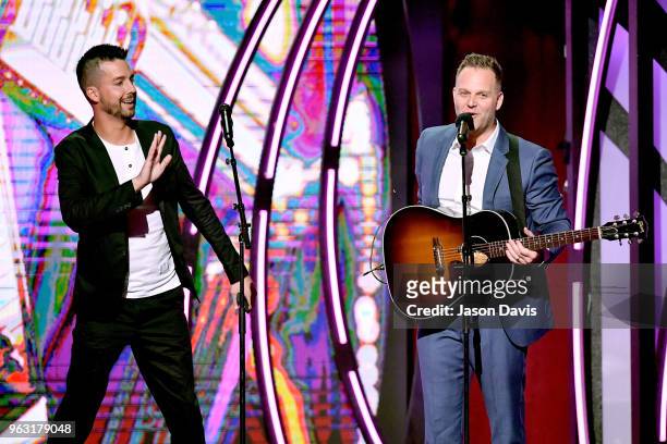Comedian John Crist and artist Matthew West perform onstage during the 6th Annual KLOVE Fan Awards at The Grand Ole Opry on May 27, 2018 in...