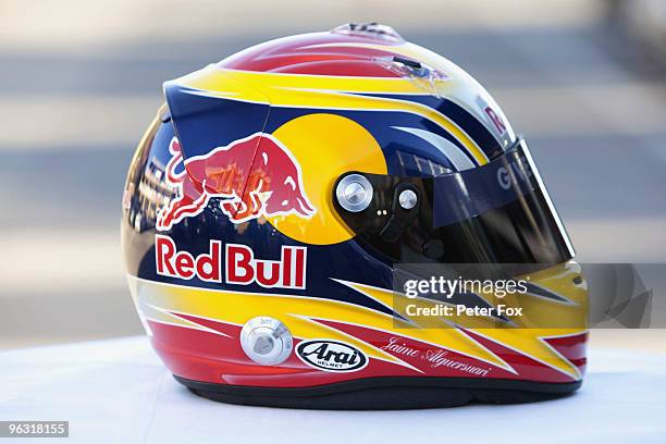 The drivers helmet of Jaime Alguersuari of Spain and Scuderia Toro Rosso is seen during winter testing at the Ricardo Tormo Circuit on February 1,...