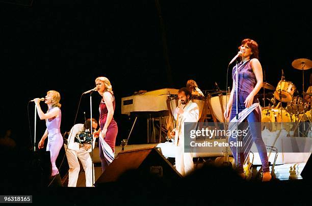 Bjorn Ulvaeus, Agnetha Faltskog and Anni-Frid Lyngstad of ABBA perform on stage at Wembley Arena on November 8th, 1979 in London, United Kingdom.
