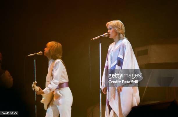 Bjorn Ulvaeus and Agnetha Faltskog of ABBA performs on stage at Wembley Arena on November 8th, 1979 in London, United Kingdom.