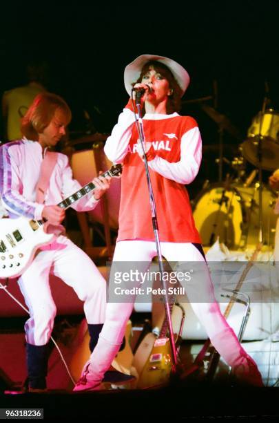 Anni-Frid Lyngstad of ABBA, wearing an Arsenal Football Club shirt performs on stage at Wembley Arena on November 8th, 1979 in London, United Kingdom.