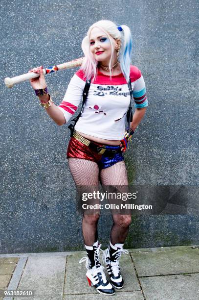 Cosplayers seen in character as Harley Quinn from Suicide Squad on the 3rd day of the MCM London Comic Con 2018 at ExCel on May 27, 2018 in London,...