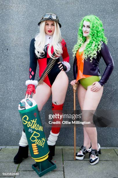 Cosplayers seen in character as Bombshell Harley Quinn and a Latex fem Joker on the 3rd day of the MCM London Comic Con 2018 at ExCel on May 27, 2018...