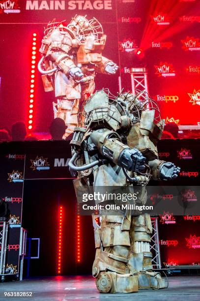 Cosplayer seen in character wearing a Fallout 4 Power Armour suite seen on day 3 of the MCM London Comic Con 2018 at ExCel on May 27, 2018 in London,...