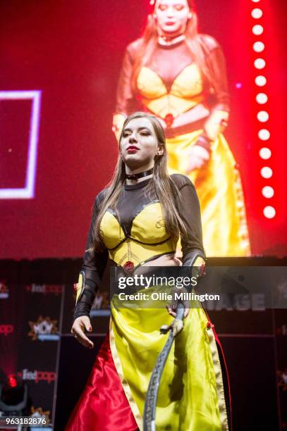 Cosplayer seen in character as an armoured version of Belle from Beauty and The Beast seen on day 3 of the MCM London Comic Con 2018 at ExCel on May...