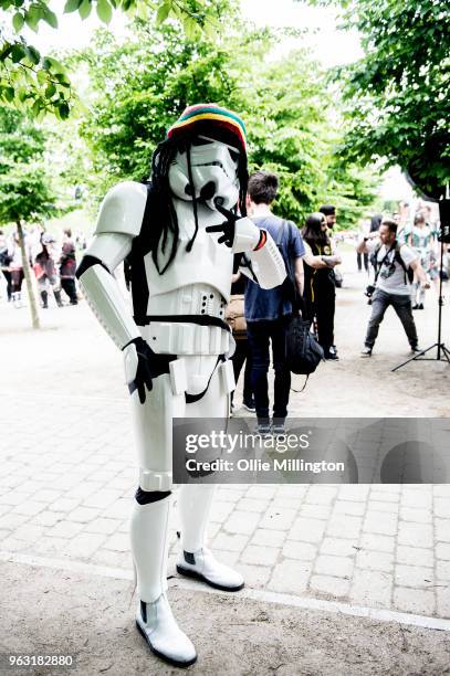 Cosplayer seen in character as a Stomtrooper from Star Wars with a Rastafarian twist on Day 3 of of the MCM London Comic Con 2018 at ExCel on May 27,...