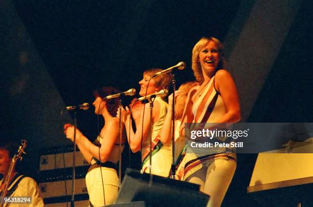 Anni-Frid Lyngstad and Agnetha Faltskog of ABBA perform on stage at Wembley Arena on November 8th, 1979 in London, United Kingdom.