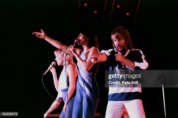 Agnetha Faltskog, Anni-Frid Lyngstad and Benny Andersson of ABBA perform on stage at Wembley Arena on November 8th, 1979 in London, United Kingdom.