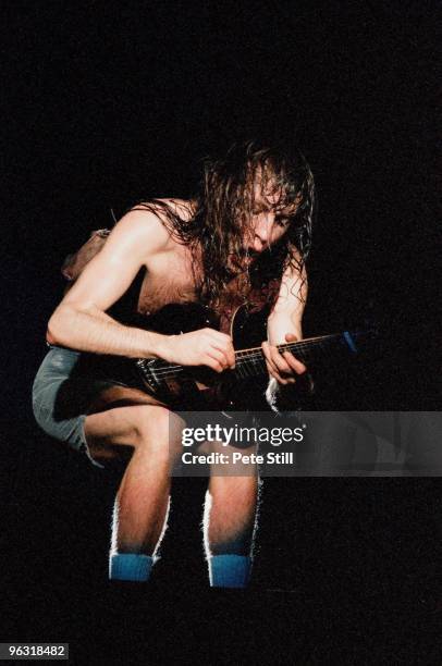 Angus Young of AC/DC performs on stage at Wembley Arena on January 17th, 1986 in London, United Kingdom.