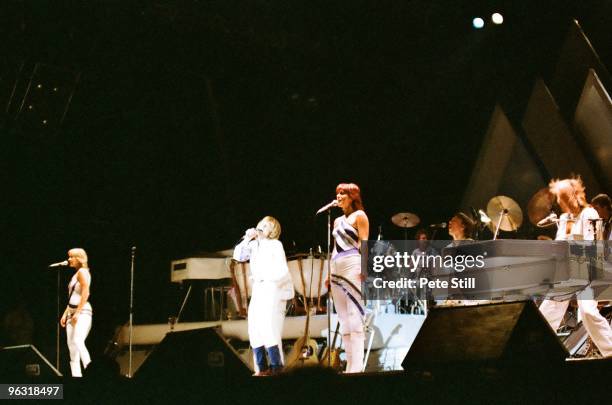 Bjorn Ulvaeus, Agnetha Faltskog, Anni-Frid Lyngstad and Benny Andersson of ABBA perform on stage at Wembley Arena on November 8th, 1979 in London,...