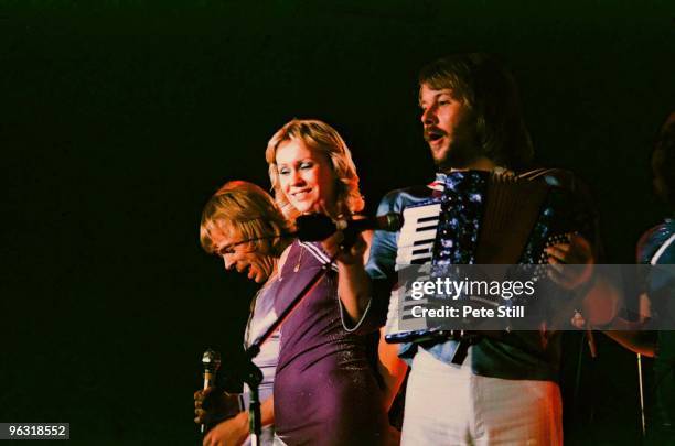 Bjorn Ulvaeus, Agnetha Faltskog and Benny Andersson of ABBA perform on stage at Wembley Arena on November 8th, 1979 in London, United Kingdom.