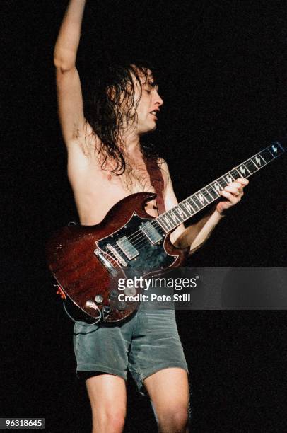 Angus Young of AC/DC performs on stage at Wembley Arena on January 17th, 1986 in London, United Kingdom. He plays a Gibson SG guitar.