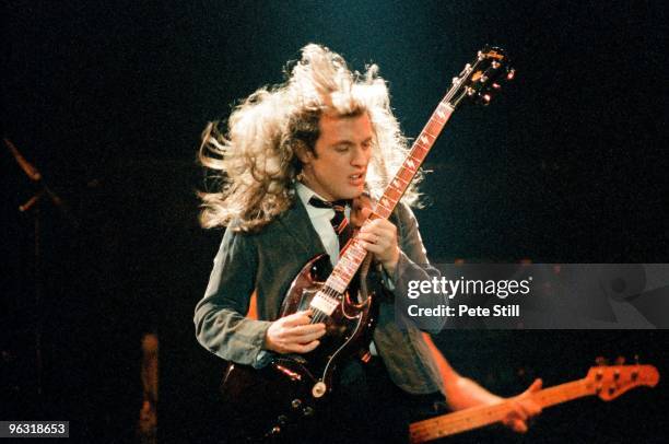 Angus Young of AC/DC performs on stage at Wembley Arena on January 17th, 1986 in London, United Kingdom.