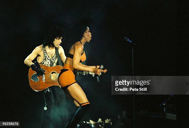 Prince and Cat Glover perform on stage on the Lovesexy tour at Wembley Arena on August 3rd, 1988 in London, United Kingdom.