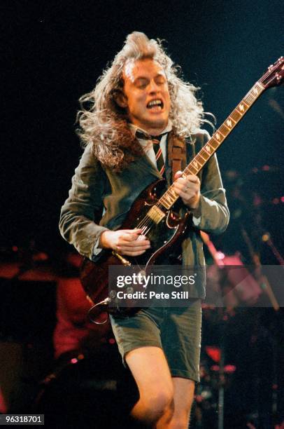 Angus Young of AC/DC performs on stage at Wembley Arena on January 17th, 1986 in London, United Kingdom.