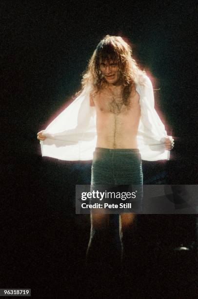 Angus Young of AC/DC performs on stage at Wembley Arena on January 17th, 1986 in London, United Kingdom.