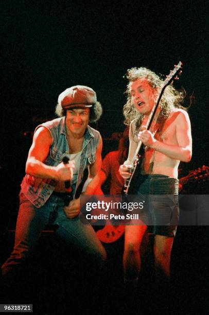 Brian Johnson and Angus Young of AC/DC perform on stage at Wembley Arena on January 17th, 1986 in London, United Kingdom.