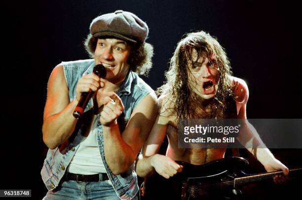 Brian Johnson and Angus Young of AC/DC perform on stage at Wembley Arena on January 17th, 1986 in London, United Kingdom.