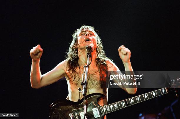 Angus Young of AC/DC performs on stage at Wembley Arena on January 17th, 1986 in London, United Kingdom.