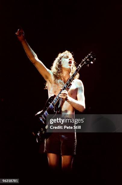 Angus Young of AC/DC performs on stage at Wembley Arena on January 17th, 1986 in London, United Kingdom.