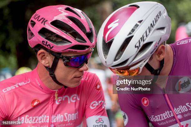 The overall leader wearing the Pink Jersey, Chris Froome of team Sky and the Ciclamino Jersey, Elia Viviani, at the start of 21th stage of the Giro...