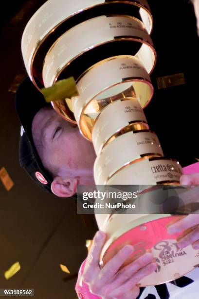 British Britain's Chris Froome kisses the trophy of the Giro d'Italia cycling race, in Rome, Sunday, May 27, 2018. Chris Froome has won the Giro...