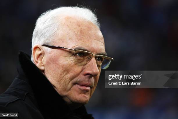 Franz Beckenbauer looks on during the Bundesliga match between FC Schalke 04 and 1899 Hoffenheim at Veltins Arena on January 30, 2010 in...