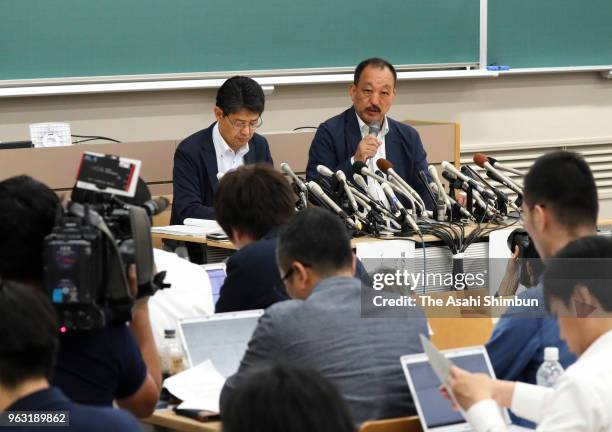 Kwansei Gakuin University American Football team director Hiromu Ono and head coach Hideaki Toriuchi attend a press conference on May 26, 2018 in...