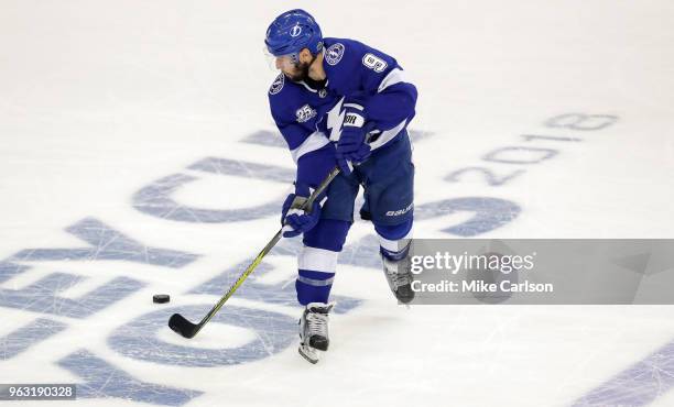 Tyler Johnson of the Tampa Bay Lightning controls the puck against the Washington Capitals in Game Seven of the Eastern Conference Finals during the...