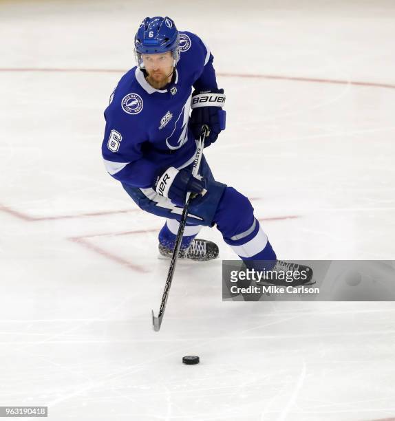 Anton Stralman of the Tampa Bay Lightning looks to move the puck against the Washington Capitals in Game Seven of the Eastern Conference Finals...