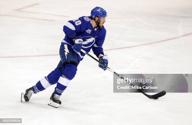 Miller of the Tampa Bay Lightning looks to move the puck against the Washington Capitals in Game Seven of the Eastern Conference Finals during the...