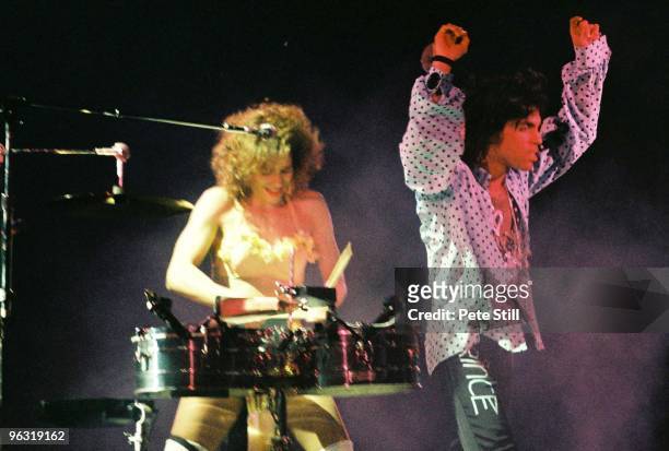 Prince performs on stage with Sheila E on his Lovesexy tour at Wembley Arena on August 3rd, 1988 in London, United Kingdom.
