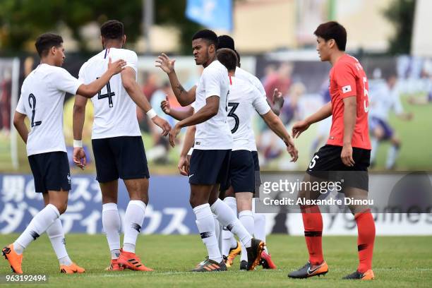 Team of France celebrates a goal during the International Festival Espoirs match between France and South Korea on May 27, 2018 in Aubagne, France.