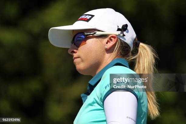 Jodi Ewart Shadoff of England follows her shot from the 9th tee. Wearing a black ribbon on her hat in honor of the passing of LPGA chamion Carol Mann...