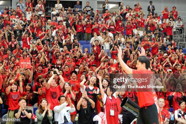 Alvark Tokyo supporters cheer after the B.League Championship final between Alvark Tokyo and Chiba Jets at Yokohama Arena on May 26, 2018 in...
